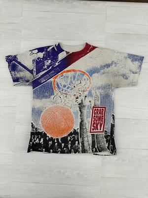 RARE Vintage 90s '' Grab Some Sky '' All Over Print Basketball Tee Shirt