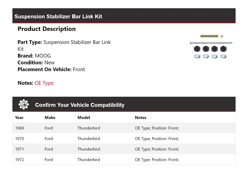 Kit de enlace de barra estabilizadora de suspensión delantera MOOG para Ford Thunderbird 1969-1972 Foto 2 de 4