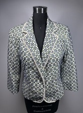 Boho Chic Jacket Blazer Women's Blue Green Floral Embroidered 3/4 Sleeve