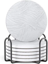 Coasters Set of 6 Absorbent Drink Coasters with Holder, White Marble Style Ceram