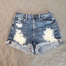 American Eagle Distressed Denim Mom Shorts Blue Cuffed Ripped Size 6AD