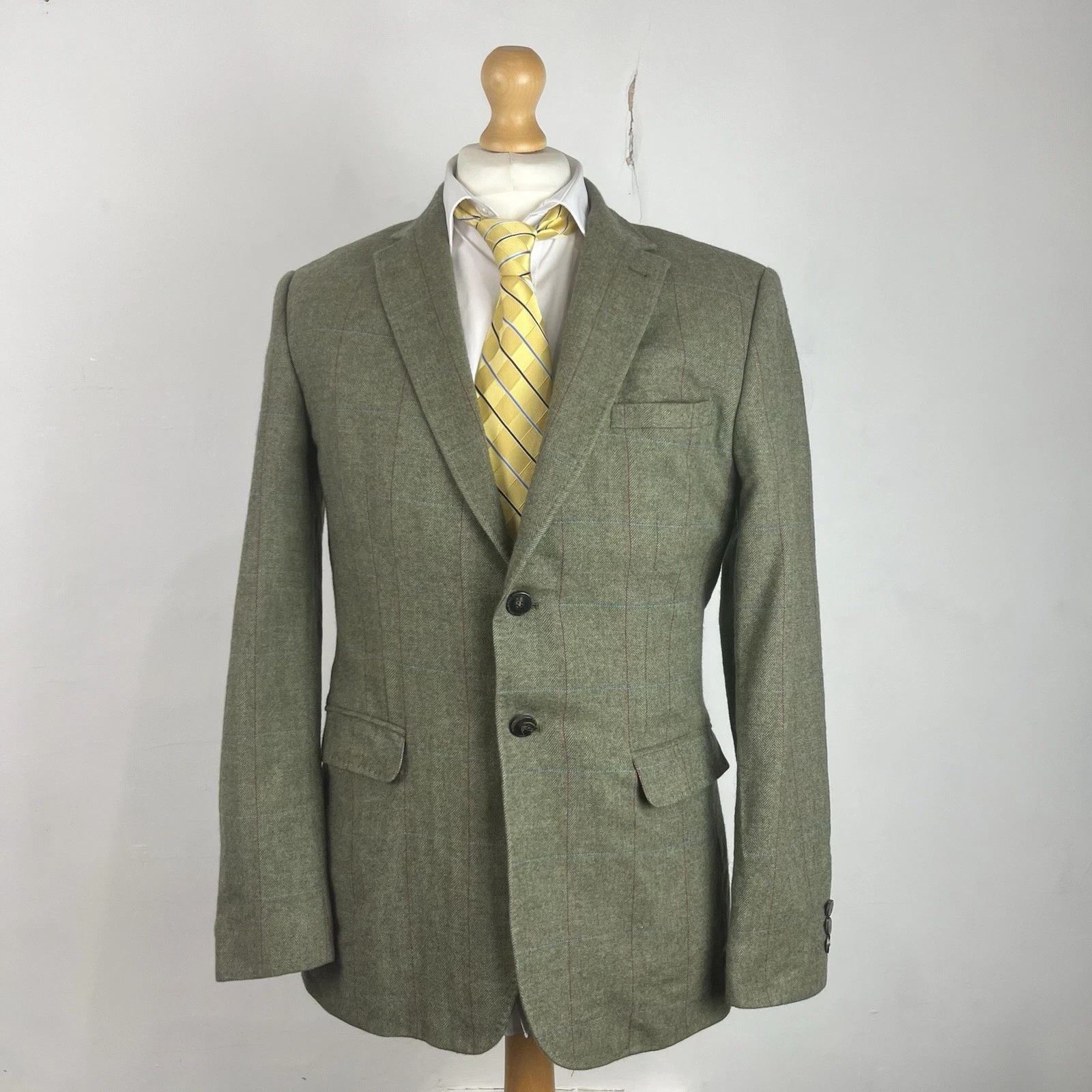 Ted Baker Tight Lines Blazer Jacket Men's 42R Light Green Check Wool Cotton Mix