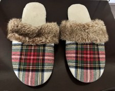 Pottery Barn Red Plaid Slippers With Faux Fur Trim Slip On Size Women s 11