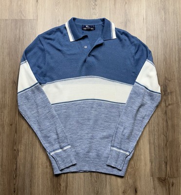 80s VINTAGE Steeplechase Acrylic Striped Blue Polo Shirt Size Large Rugby