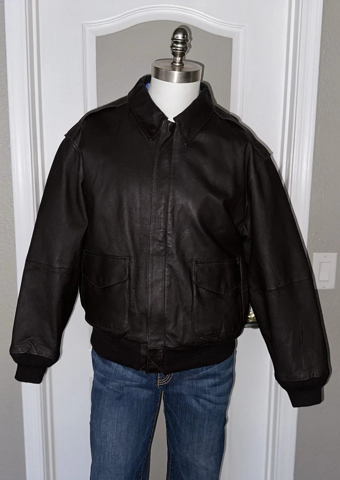 Airborne Bomber Jacket Mens Size L zip and snap Brown Lined USA Flag Leather - Image 2 of 4