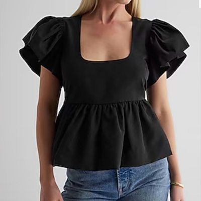 #ad Express Square Neck Flutter Sleeve Peplum Babydoll Top Black Women XS NEW $25.00