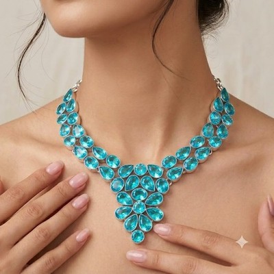 Paraiba Tourmaline Gemstone 925 Sterling Silver Jewelry Necklace Size-17-18''