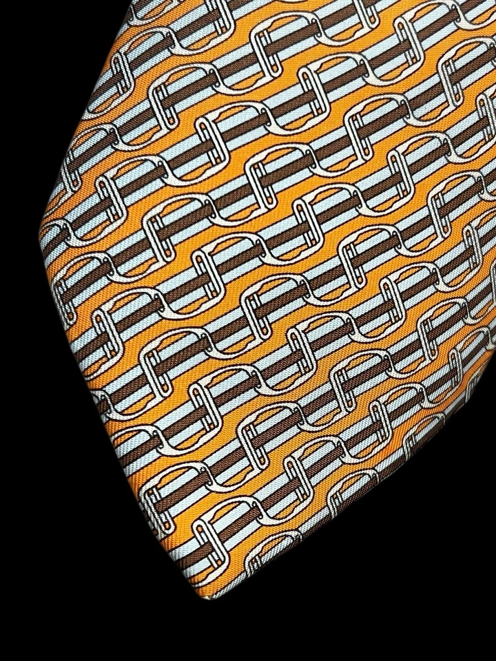 Gravata Hermes gravata de seda 5436 FA fita estribo listrada laranja equestre 3,5 - Imagem 4 de 4