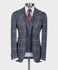 Wedding Elegant Men Check Suit Regular Fit Jacket Pants Vest Formal Classic