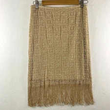 VTG Women Metallic Gold Crochet Fringe Skirt Medium Showgirl Gatsby NYE USA