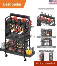 Portable Black Utility Cart for Tools with Pegboard Storage and Battery Charger