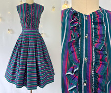 Vintage 1950s Jewel Toned Striped Cotton Sleeveless Two Piece Top Skirt Set