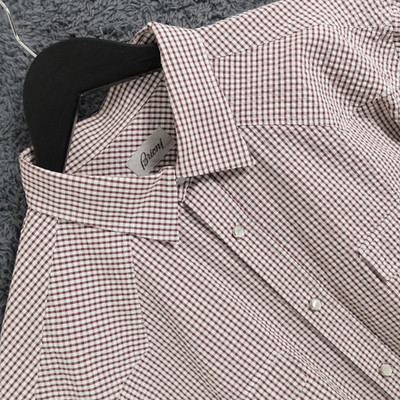 Brioni Hemd Herren XL weiß rot kariert Gingham Pearl Snap Seersucker Trucker Golf