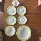 Vintage Pyrex cup, and saucer,  and  bowls Set Milk Glass Lime Green Band USA