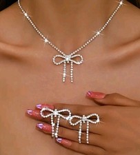 2PC Rhinestone Bow Necklace  Earrings Set fashion jewelry NEW