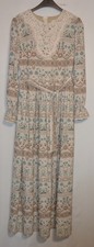 MAS MODA womens long beige, brown & blue patterned lace trim dress UK Size 14