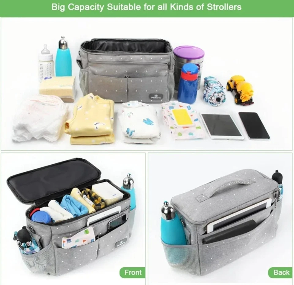 Bolsa de bebé aislada cochecito coche organizador de pañales gris blanco lunares unisex Foto 2 de 4