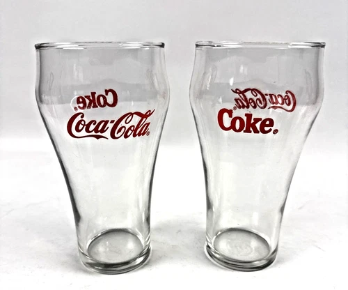 Vintage Coca-Cola Coke Glasses Set of 2 Clear Red Logo 16oz Soda Glass FREE SHIP
