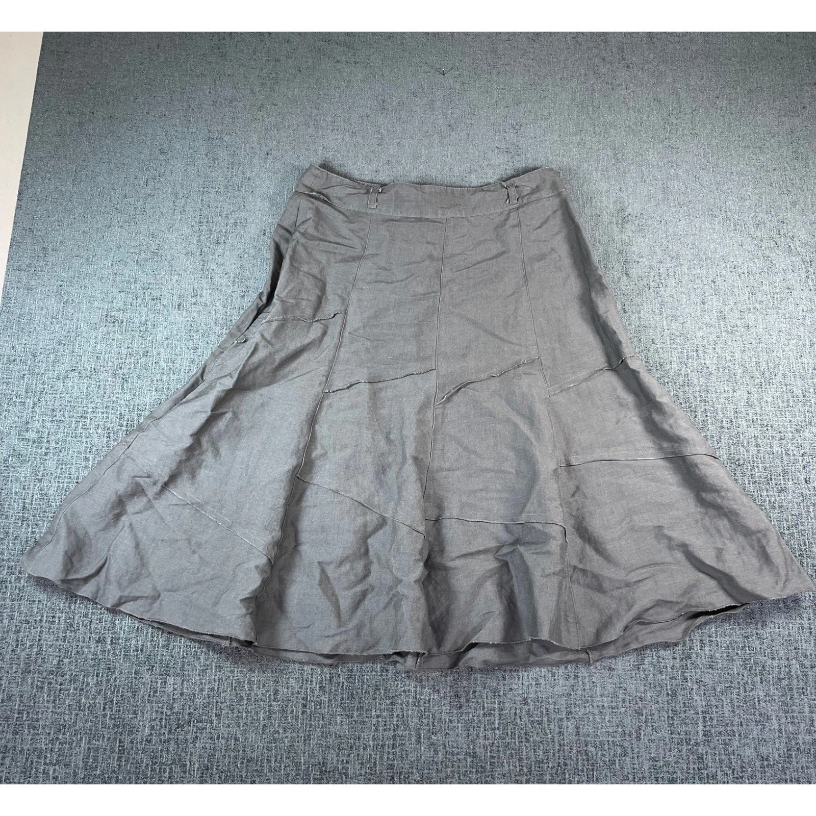 Sandro Charcoal Gray Linen Blend Paneled Midi Skirt Raw Edge Seam Detail Size 10
