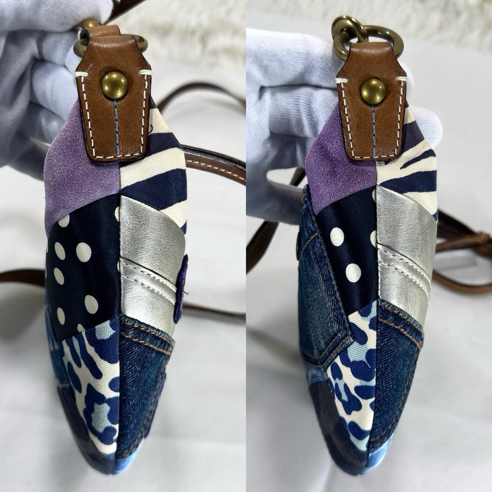 ТРЕНЕР 10819 лоскутное одеяло джинсовой ткани Half Moon наплечная сумка синий подпись кожи редкая - Изображение 4 из 4