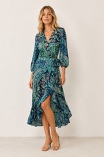 Farm Rio for Anthropologie Amorina Blue Paisley 3/4 Sleeve Maxi Wrap Dress Sze S