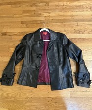 USED Oscar De La Renta Company size 12 Flower Leather Jacket Black Coat Vintage