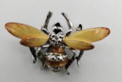 Vtg Silver Tone Enameled Yellow Wing Bumble Bee Pin Brooch