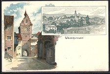Künstler-AK K. Mutter: Überlingen / Bodensee, Strasse mit Torbogen und Panorama 