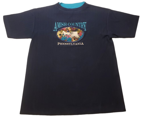 Amish Country Cal Cru Sweater Mens Adult Medium  Dark Blue Emb Short Sleeve