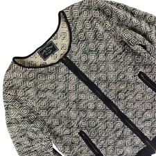 Lucky Brand Cardigan Women L Black Cream Geometric Full Zip Cotton Knit Sweater