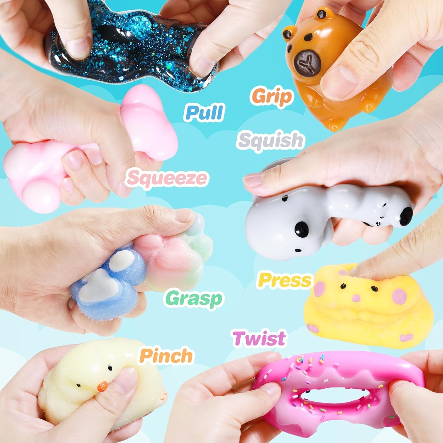 Taba Squishy 20-Pack Fidget Toys Set — Chick, Cat Paw, Hamster Squishies, Stress