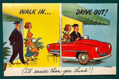Walk In Drive Out Auto Dealer Humor Postcard PA 17 Framar Brooklyn NY