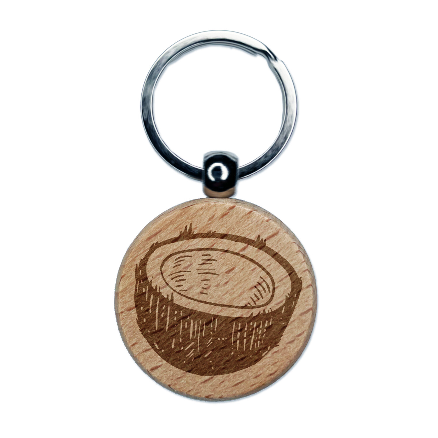 Cut Open Coconut Engraved Wood Round Keychain Tag Charm