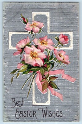 Easter Postcard Holy Cross Flowers Embossed Clapsaddle c1910's Posted Antique