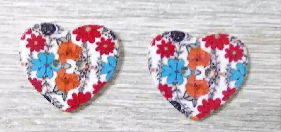 flower heart wood sewing buttons 2 holes 1 inch #12 orange blue 2pc set new - Image 2 of 2