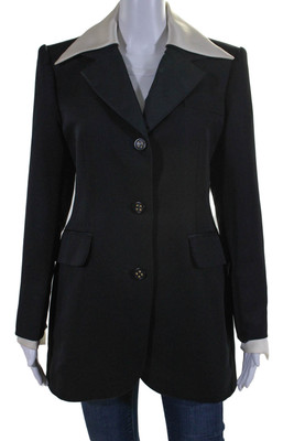 Hermes Womens Three Button Satin Collar Blazer Jacket Black White Wool FR 38