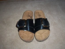 NEW, LADIES SOLE MATES JUTE BUCKLE SLIDE SANDALS, BLACK, SIZE 10