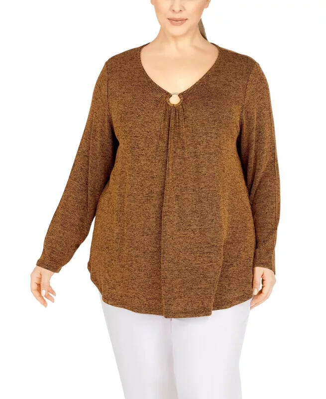 Ruby Plus Size Rib Knit O-Ring Top Cognac Multi Sz-1X