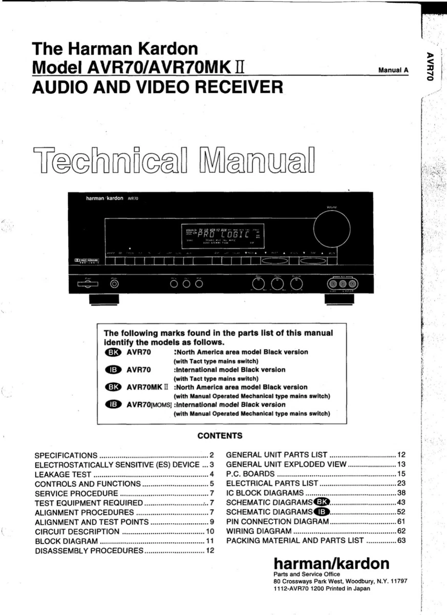 Technical Manual Instructions For Harman Kardon Avr 70 | EBay