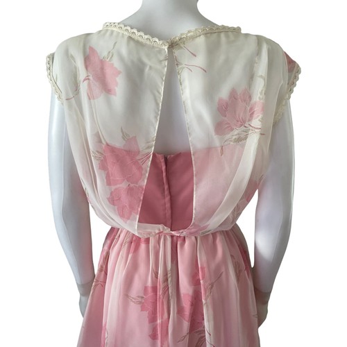 Vintage 1970s Floral Dress, Sz M, Sheer Pink Maxi Lace Trim - Picture 10 of 12