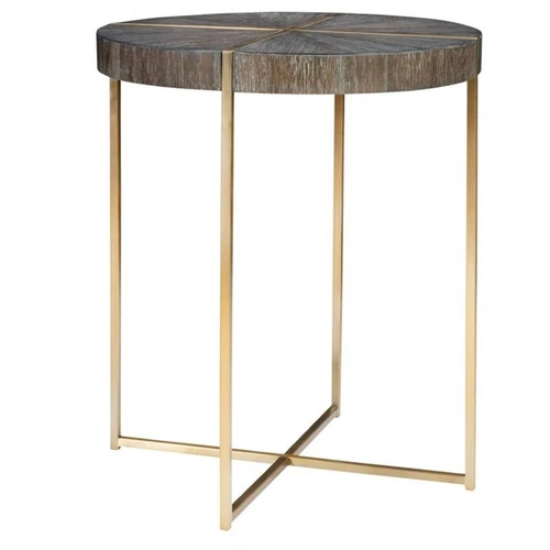 Uttermost Taja Round Stainless Steel and Wood Accent Table in Brushed Brass - Picture 2 of 6