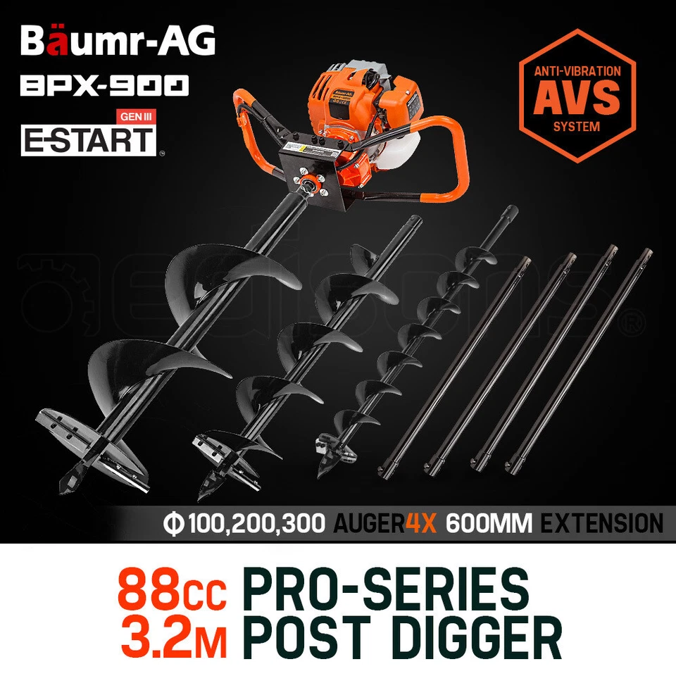 Baumr-AG Post Hole Digger 88cc Posthole Earth Auger Fence Borer Petrol Drill Bit