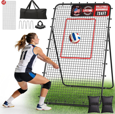 7X4Ft Volleyball Rebounder Net 2-Net System, 5-Angle Adjustable & Ultra-Durable
