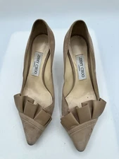 Jimmy Choo Leena Frill Ruffled Beige Heel Suede Pump Pointed Toe Women Sz 37/6.5