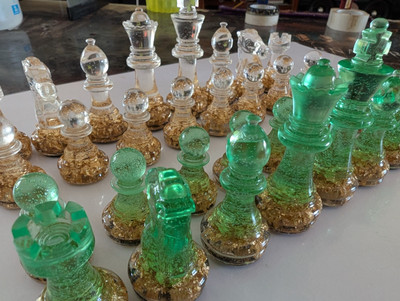Chess Piece set - Translucent - Crystal Ice/Apple Green w Gold Leaf Base and FX