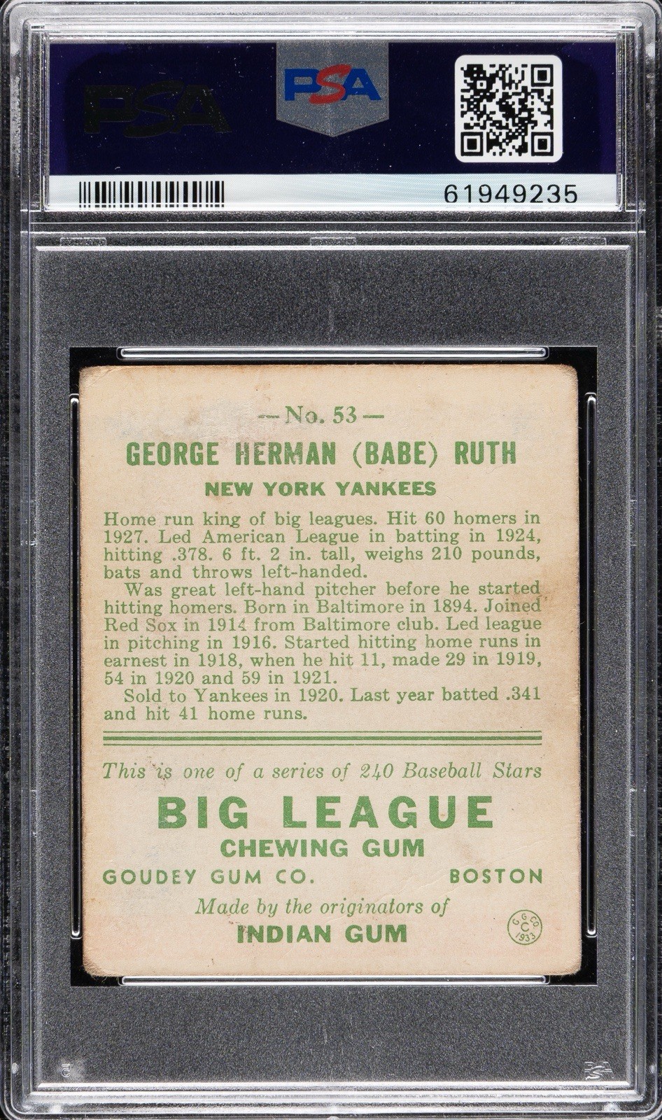Goudey 1933 Babe Ruth #53 PSA 1 view 2
