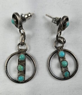Vintage Sterling or Coin Silver & Turquoise Zuni Earrings Signed O. C. ZUNIE