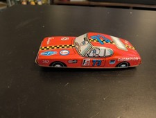 Vintage Japanese Tin Friction Race Car   1960s  70s Stock Car w/ Sponsor Logos
