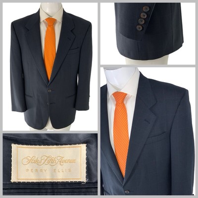Perry Ellis Saks Fifth Avenue Blazer 40R Blue Windowpane Wool 2B USA YGI Q5-126