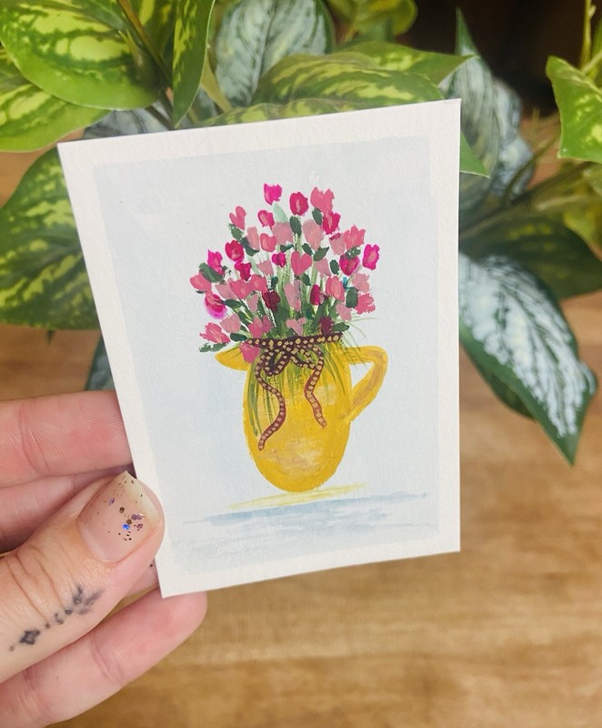 ACEO Original Art Card 2.5 x 3.5, Gouache, Floral Rose Painting Andrea Baker